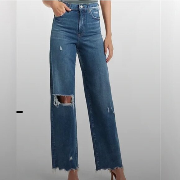 Express 90s Wide Leg Jeans Womens 16S 16 Short Blue Distressed Raw Hem High Rise - Picture 1 of 9